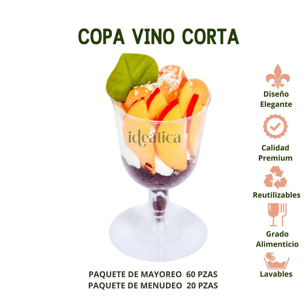 Copa Vino Corta para Postres y Bebidas Re-utilizable Candy Bar Catering 2.5 Oz PT