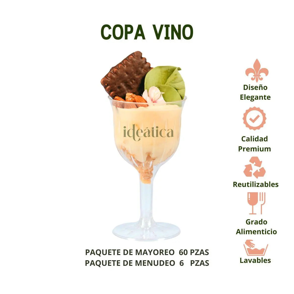 Copa Vino para Bebidas o Postres Re-utilizable Candy Bar Catering 5 Oz IA