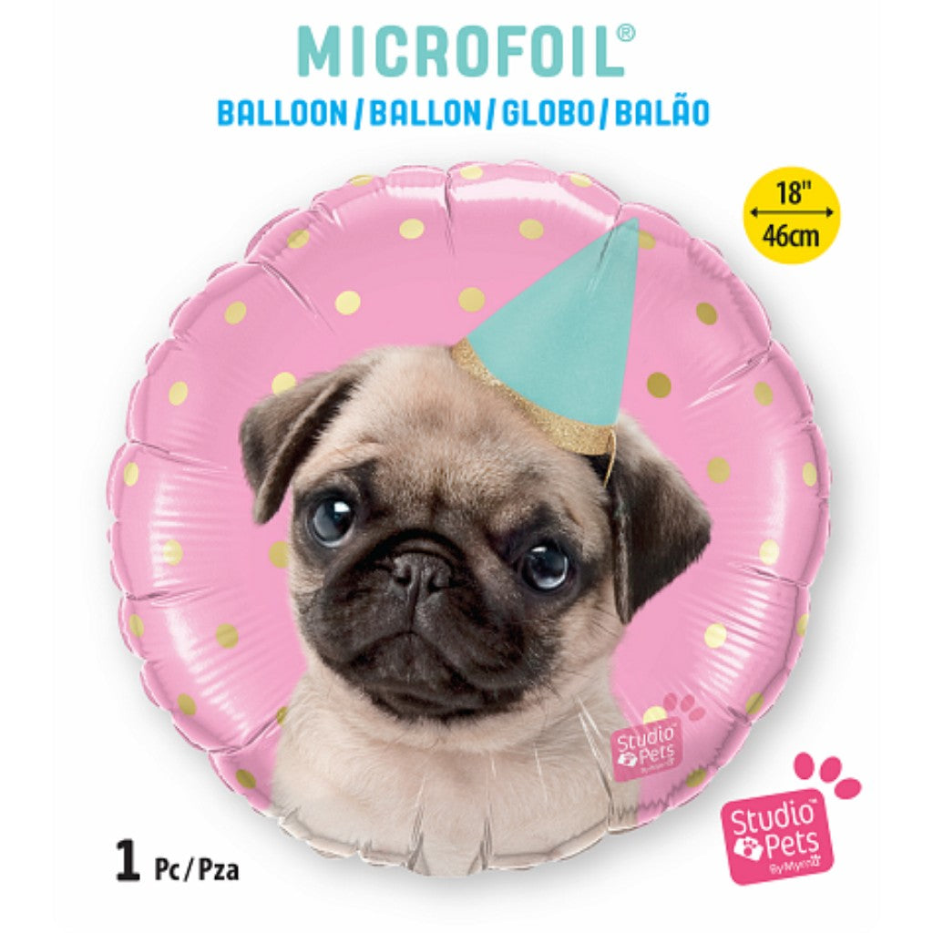 Globo Metálico Redondo de Perrito Pug para Fiestas y Cumpleaños 18 / 46 cm 1 pza Ideática Gourmet
