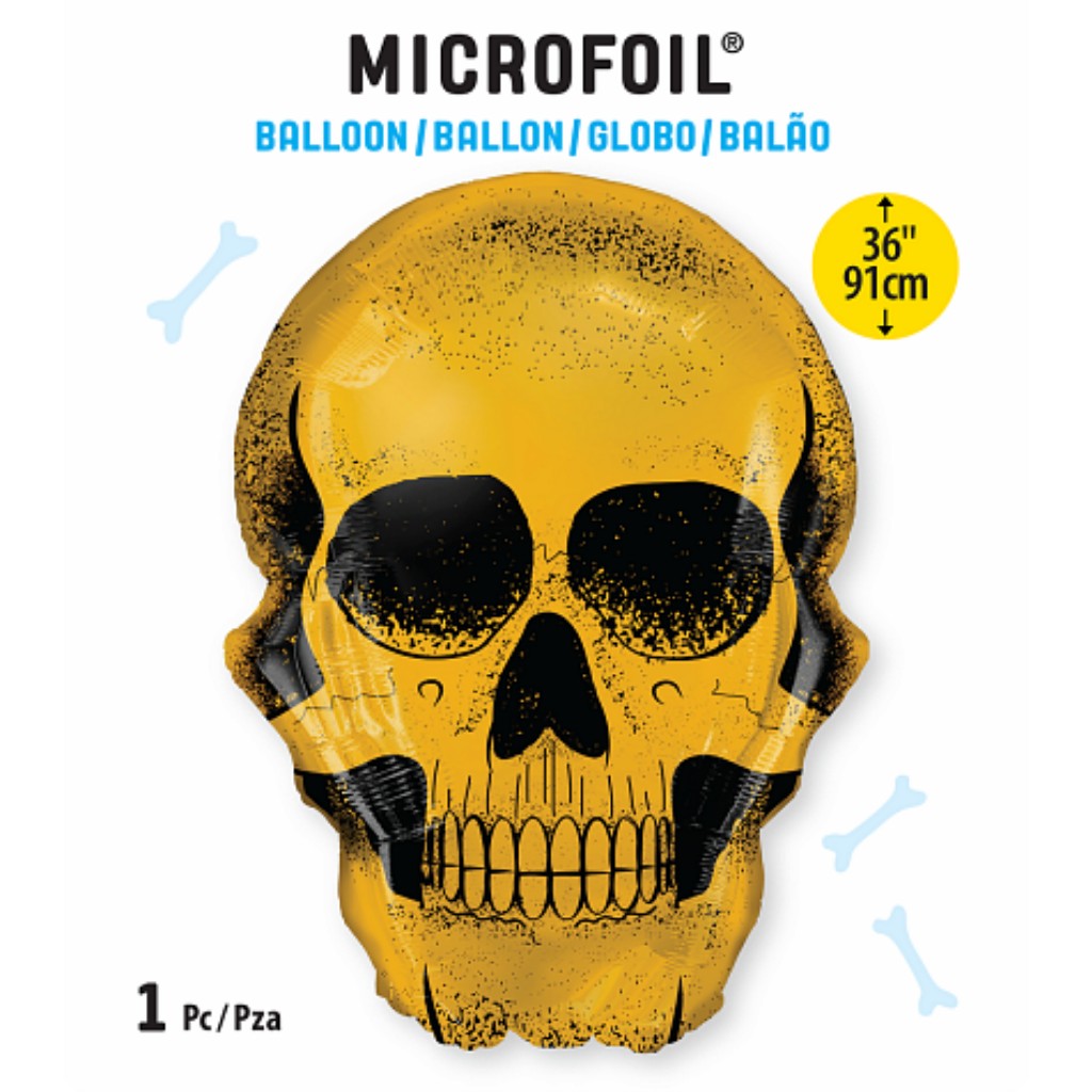 Globo Metálico de Calavera Dorada Pirata Grande para Fiestas, Cumpleaños y Halloween 36 / 91 cm 1 pza Ideática Gourmet