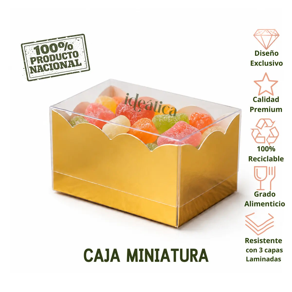 Caja Miniatura de Carton Laminado Armable con Tapa Plastica para Dulces Degustaciones y Catering 50 pzas