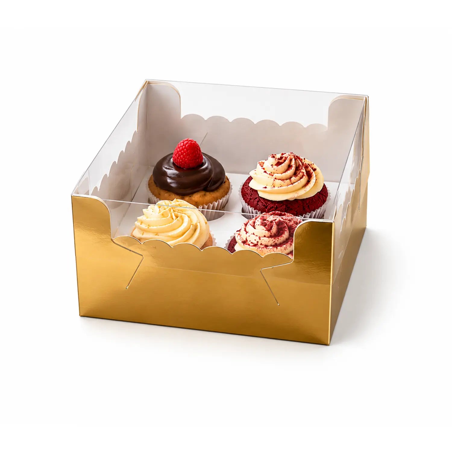 Caja Para Cupcakes 4 Orificios Armable de Cartón Laminado con Tapa Plastica para Repostería 25 pzas