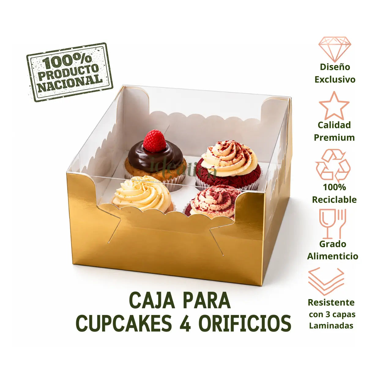 Caja Para Cupcakes 4 Orificios Armable de Cartón Laminado con Tapa Plastica para Repostería 25 pzas
