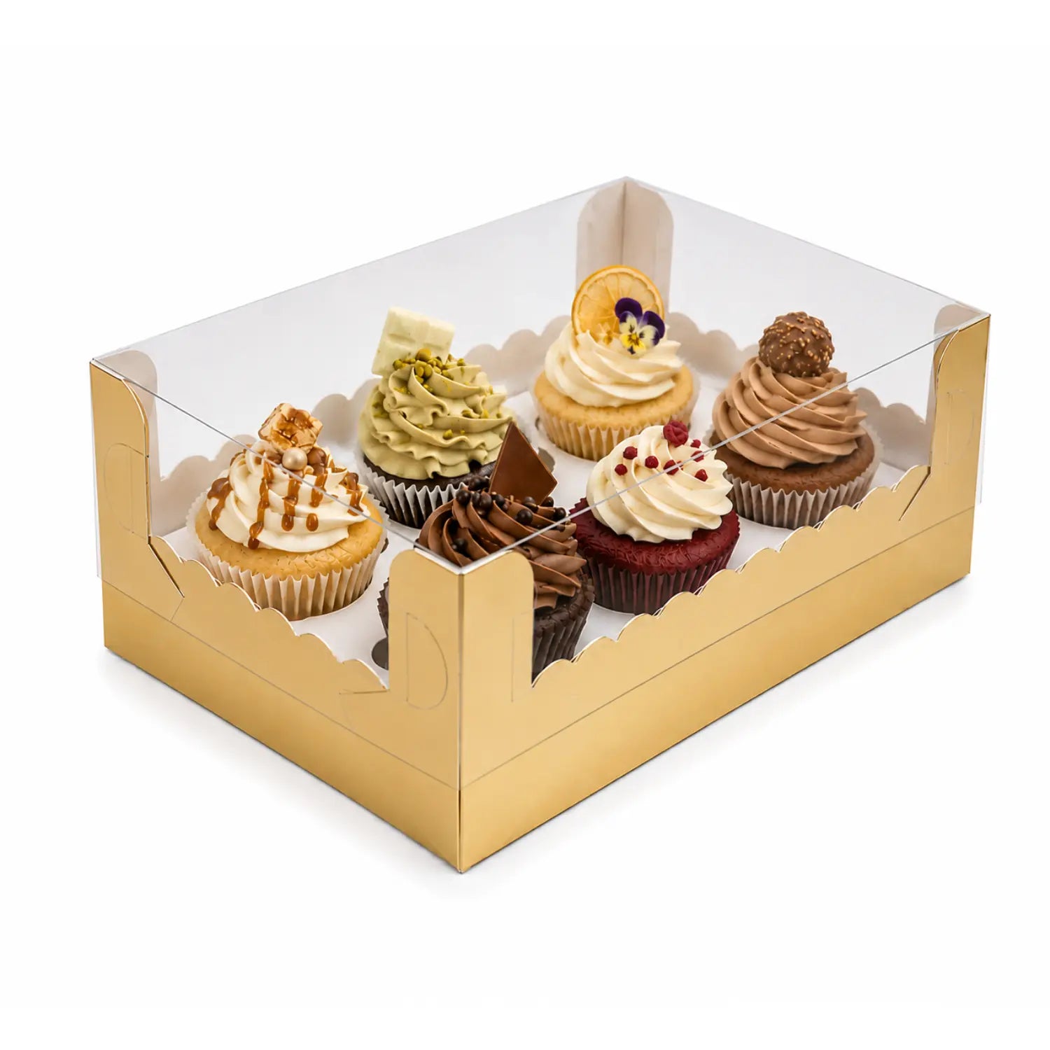 Caja Para Cupcakes 6 Orificios Armable de Carton Laminado con Tapa Plastica para Repostería 25 pzas