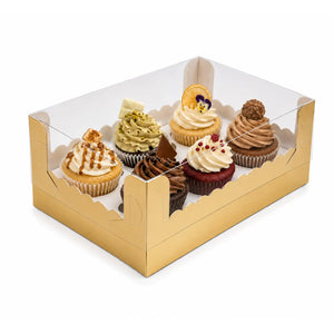 Caja Para Cupcakes 6 Orificios Armable de Carton Laminado con Tapa Plastica para Repostería 25 pzas