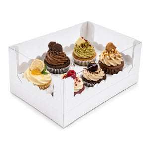 Caja Para Cupcakes 6 Orificios Armable de Carton Laminado con Tapa Plastica para Repostería 25 pzas