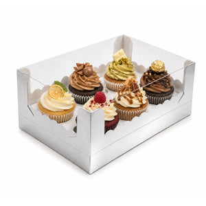 Caja Para Cupcakes 6 Orificios Armable de Carton Laminado con Tapa Plastica para Repostería 25 pzas