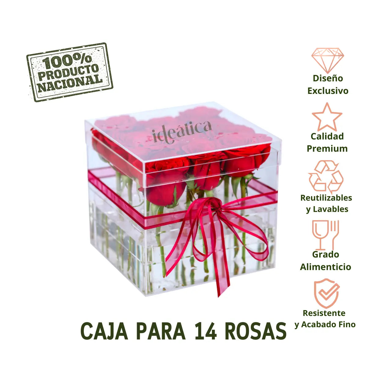 Caja Para Rosas Acrilico Para Regalo, Recuerdo y Decoracion 14 Rosas 1 pza IA