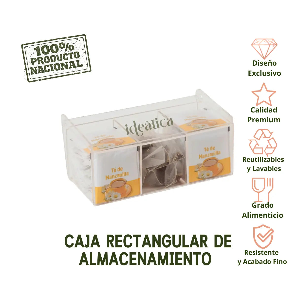 Caja Rectangular de Almacenamiento para Sprinkles, Chocolates, Azucar, Dulces, Té, Cucharitas de Acrílico Candy Bar Catering 3 Compartimientos IA