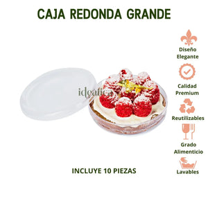 Caja Redonda Lisa Grande Acrilico Para Postres, Regalo, Recuerdo y Decoracion 10 pzas. IA