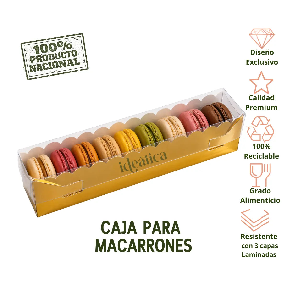 Caja para Macarrones de Carton Laminado Armable con Tapa Plastica para Repostería 50 pzas