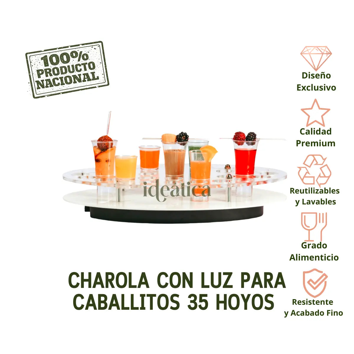 Charola o Base para Caballitos Postre Recargable con Iluminacion de Acrilico Candy Bar Catering 35 Hoyos IA