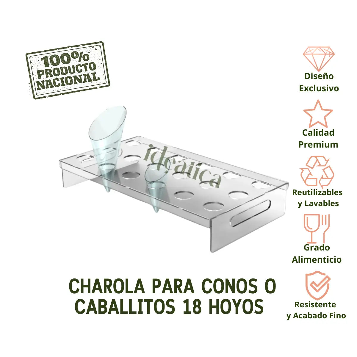 Charola o Base para Conos Postre o Caballitos de Acrilico Candy Bar Catering 18 Hoyos IA