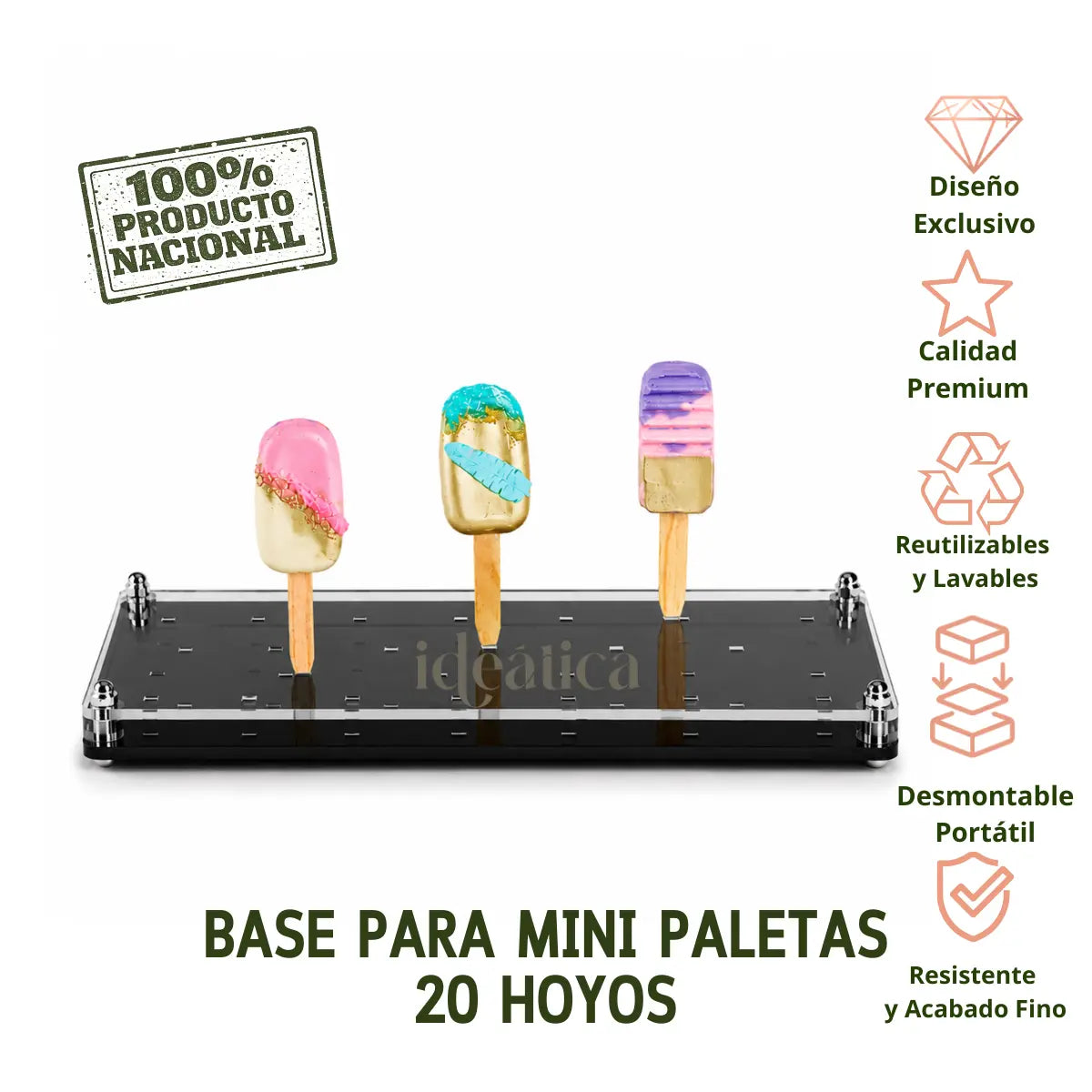 Charola o Base para Mini Paletas Postre o CakeSicles de Acrilico Candy Bar Catering 20 Hoyos IA