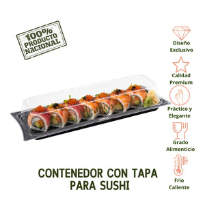 Contenedor Sushi con Tapa Para Alimentos o Comida Plastico Rectangular - 100 Pzas