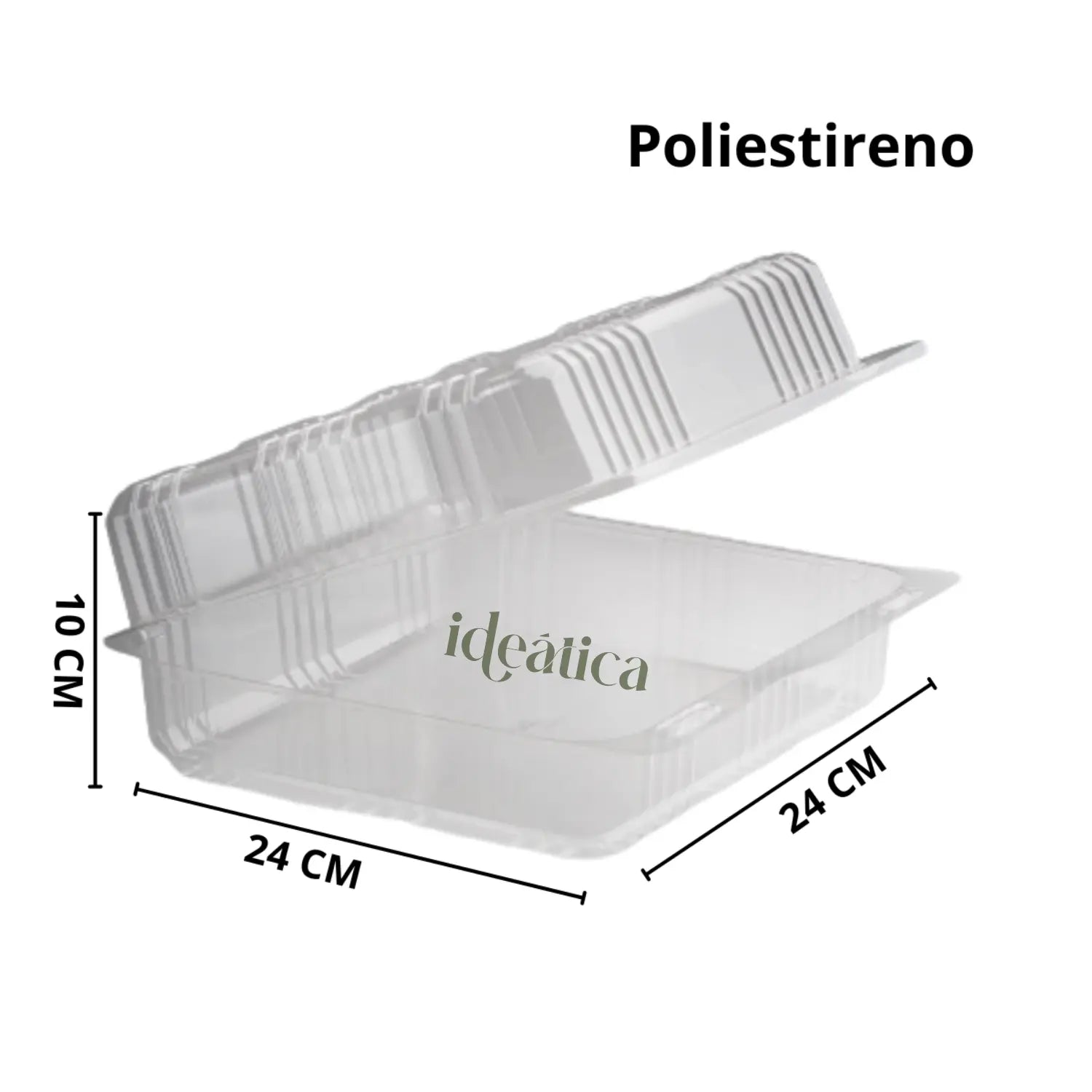 Contenedor Tipo Almeja con Bisagra 24x24 Para Alimentos, Ensaladas, Postres o Comida Plástico Rectangular IN