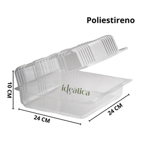 Contenedor Tipo Almeja con Bisagra 24x24 Para Alimentos, Ensaladas, Postres o Comida Plastico Rectangular - ( 10 Pzas / 50 Pzas ) IN