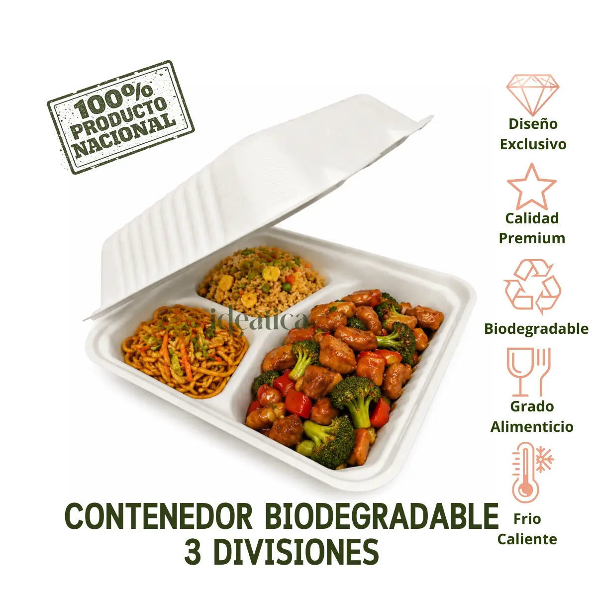 Contenedor Tipo Almeja con Bisagra Biodegradable Compostable para Alimentos o Comida 3 Divisiones Cuadrangular - 100 Pzas