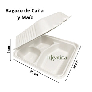 Contenedor Tipo Almeja con Bisagra Biodegradable Compostable para Alimentos o Comida 3 Divisiones Cuadrangular - 100 Pzas