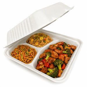 Contenedor Tipo Almeja con Bisagra Biodegradable Compostable para Alimentos o Comida 3 Divisiones Cuadrangular - 100 Pzas