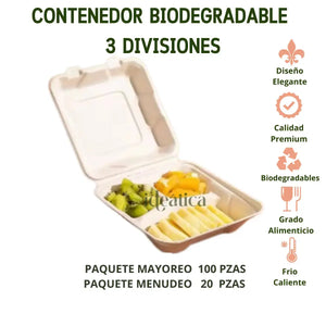 Contenedor Tipo Almeja con Bisagra Biodegradable Compostable para Alimentos o Comida 3 Divisiones Cuadrangular - ( 20 Pzas / 100 Pzas ) IN