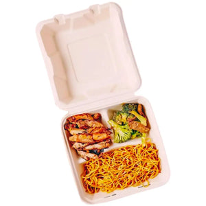 Contenedor Tipo Almeja con Bisagra Biodegradable Compostable para Alimentos o Comida 3 Divisiones Cuadrangular - ( 20 Pzas / 100 Pzas ) IN