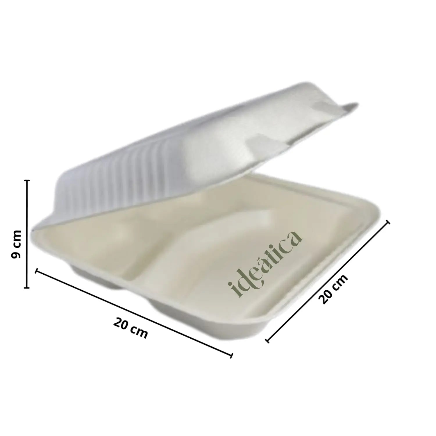 Contenedor Tipo Almeja con Bisagra Biodegradable Compostable para Alimentos o Comida 3 Divisiones Cuadrangular IN