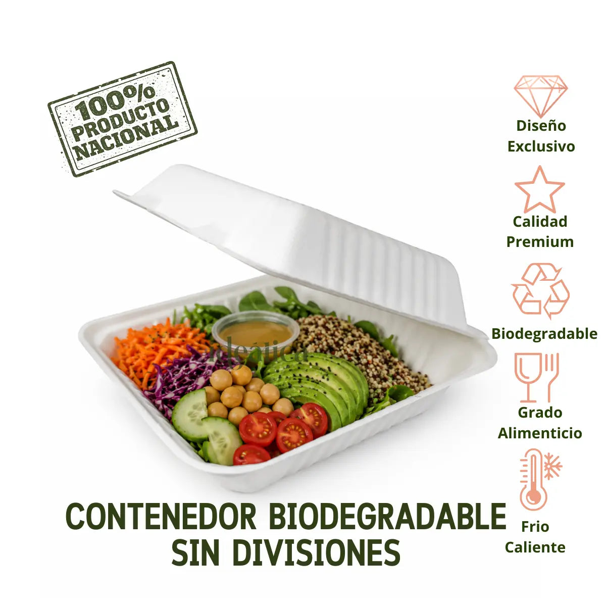Contenedor Tipo Almeja con Bisagra Biodegradable Compostable para Alimentos o Comida sin Divisiones Cuadrangular  - 100 Pzas