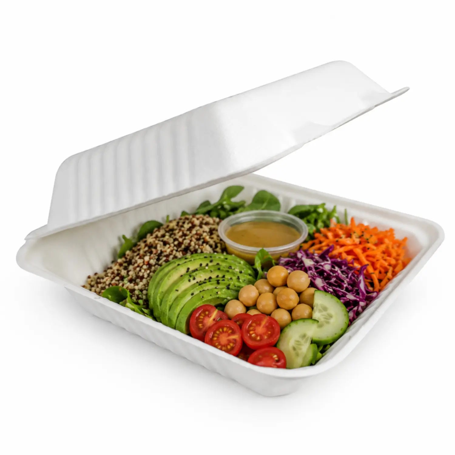 Contenedor Tipo Almeja con Bisagra Biodegradable Compostable para Alimentos o Comida sin Divisiones Cuadrangular  - 100 Pzas