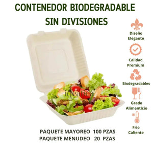 Contenedor Tipo Almeja con Bisagra Biodegradable Compostable para Alimentos o Comida sin Divisiones Cuadrangular  - ( 20 Pzas / 100 Pzas ) IN
