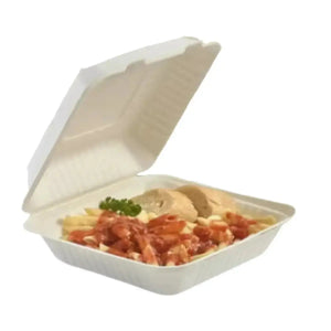 Contenedor Tipo Almeja con Bisagra Biodegradable Compostable para Alimentos o Comida sin Divisiones Cuadrangular  - ( 20 Pzas / 100 Pzas ) IN