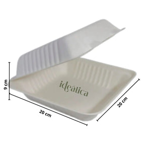 Contenedor Tipo Almeja con Bisagra Biodegradable Compostable para Alimentos o Comida sin Divisiones Cuadrangular  - ( 20 Pzas / 100 Pzas ) IN