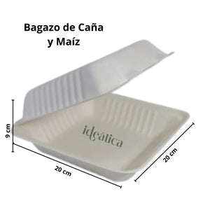 Contenedor Tipo Almeja con Bisagra Biodegradable Compostable para Alimentos o Comida sin Divisiones Cuadrangular  - ( 20 Pzas / 100 Pzas )