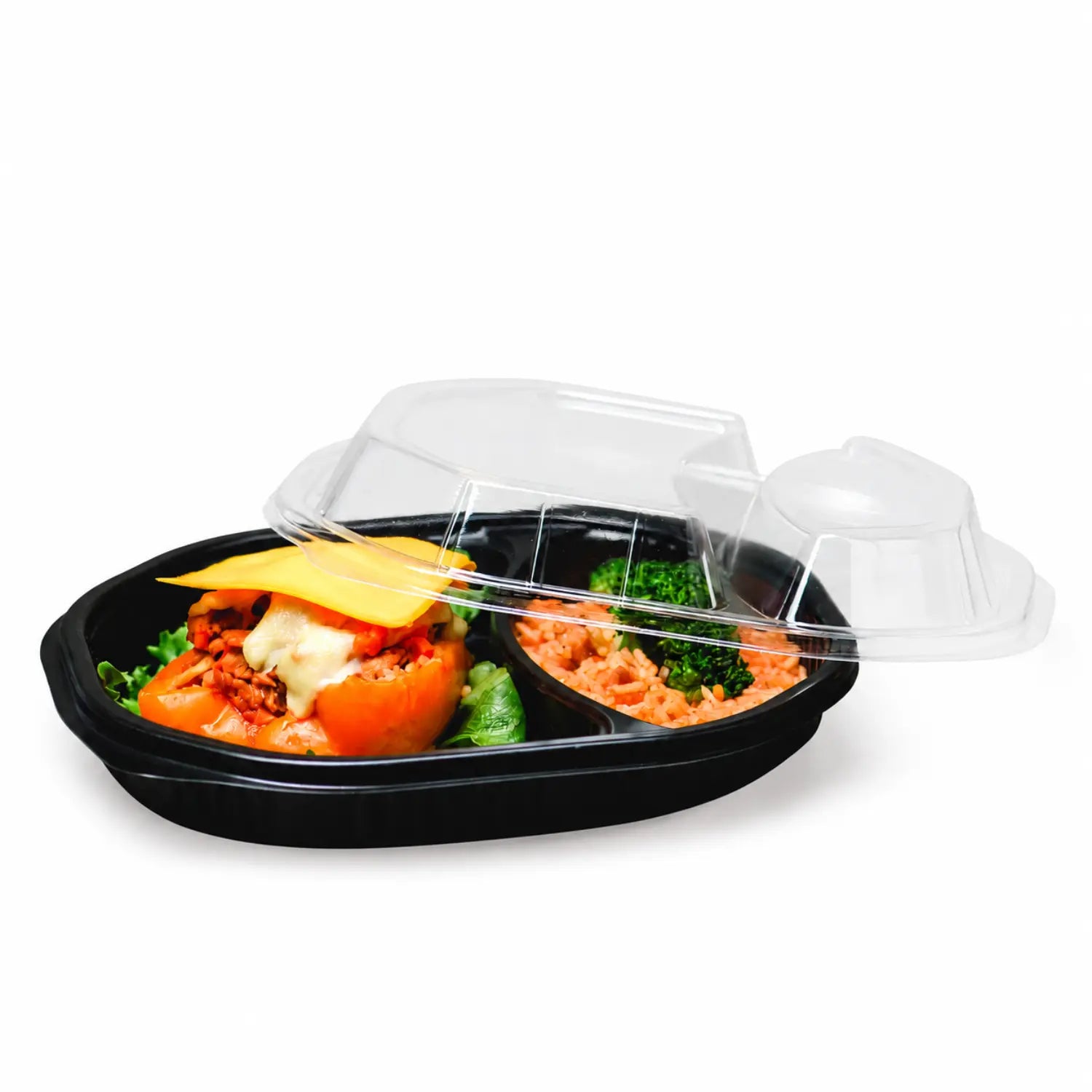 Contenedor con Tapa para Alimentos o Comida Plastico 2 Divisiones Ovalado - 50 Pzas