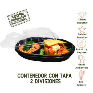 Contenedor con Tapa para Alimentos o Comida Plastico 2 Divisiones Ovalado - 50 Pzas