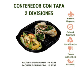Contenedor con Tapa para Alimentos o Comida Plastico 2 Divisiones Ovalado - ( 10 Pzas / 50 Pzas ) IN