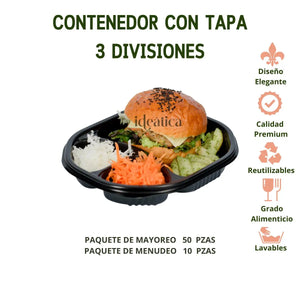 Contenedor con Tapa para Alimentos o Comida Plastico 3 Divisiones INIX