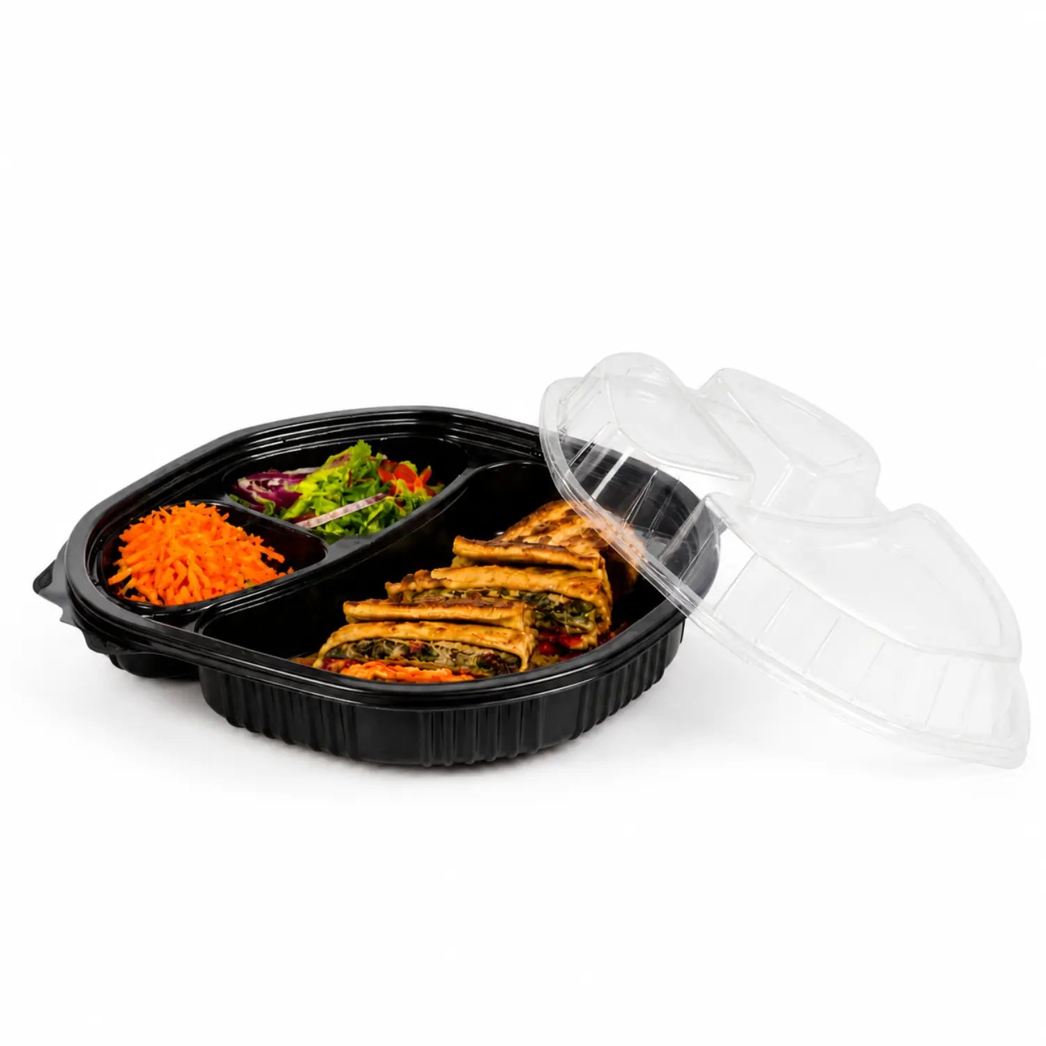 Contenedor con Tapa para Alimentos o Comida Plastico 3 Divisiones Ovalado - 50 Pzas
