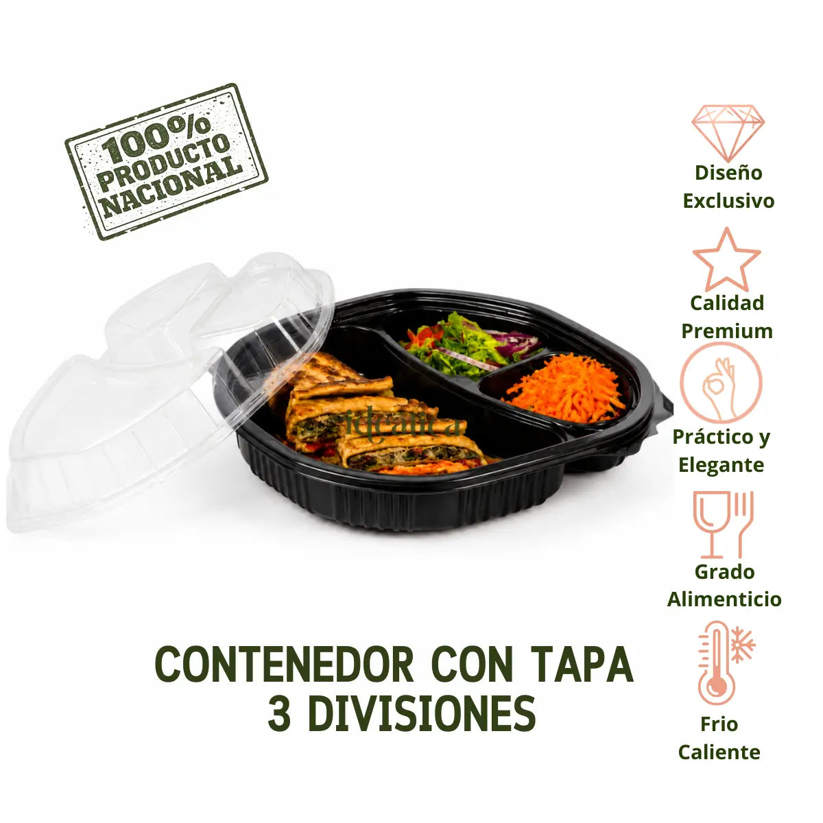 Contenedor con Tapa para Alimentos o Comida Plastico 3 Divisiones Ovalado - 50 Pzas