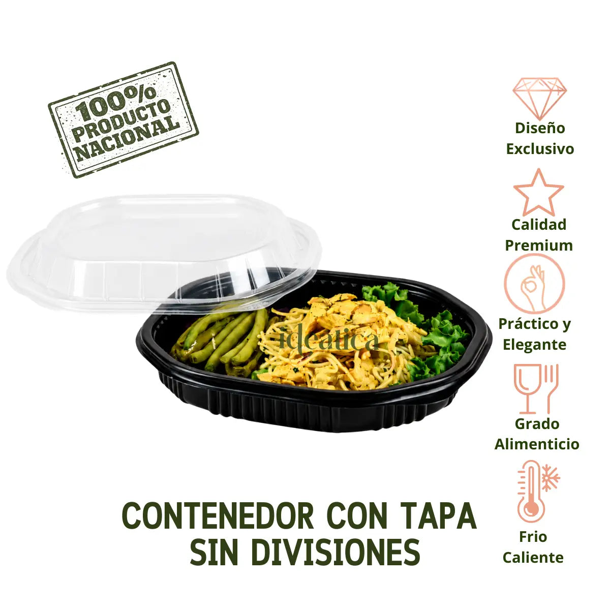 Contenedor con Tapa para Alimentos o Comida Plastico sin Divisiones Ovalado  - 50 Pzas