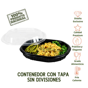 Contenedor con Tapa para Alimentos o Comida Plastico sin Divisiones Ovalado  - 50 Pzas
