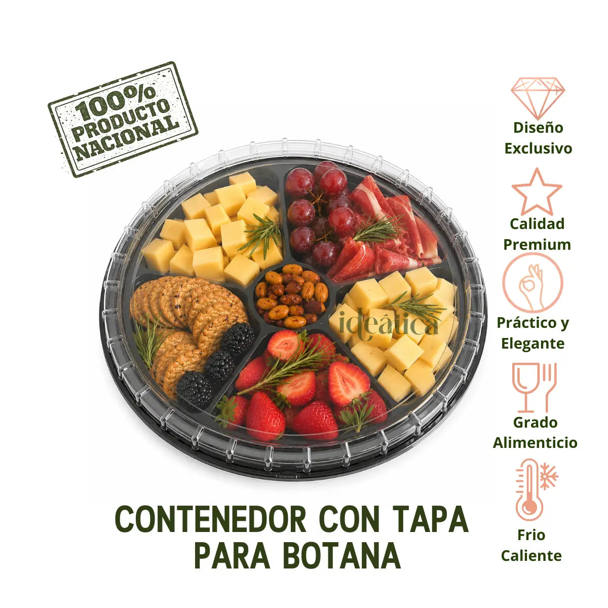 Contenedor con Tapa para Botanero o Alimentos Plastico Redondo 5 Divisiones  - 50 Pzas