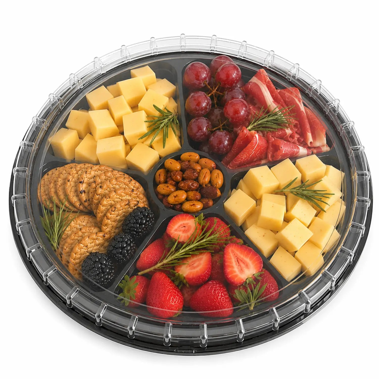 Contenedor con Tapa para Botanero o Alimentos Plastico Redondo 5 Divisiones  - 50 Pzas