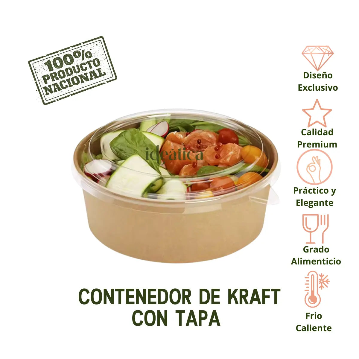 Contenedor con Tapa para Ensaladas, Alimentos o Comida Kraft Redondo IN