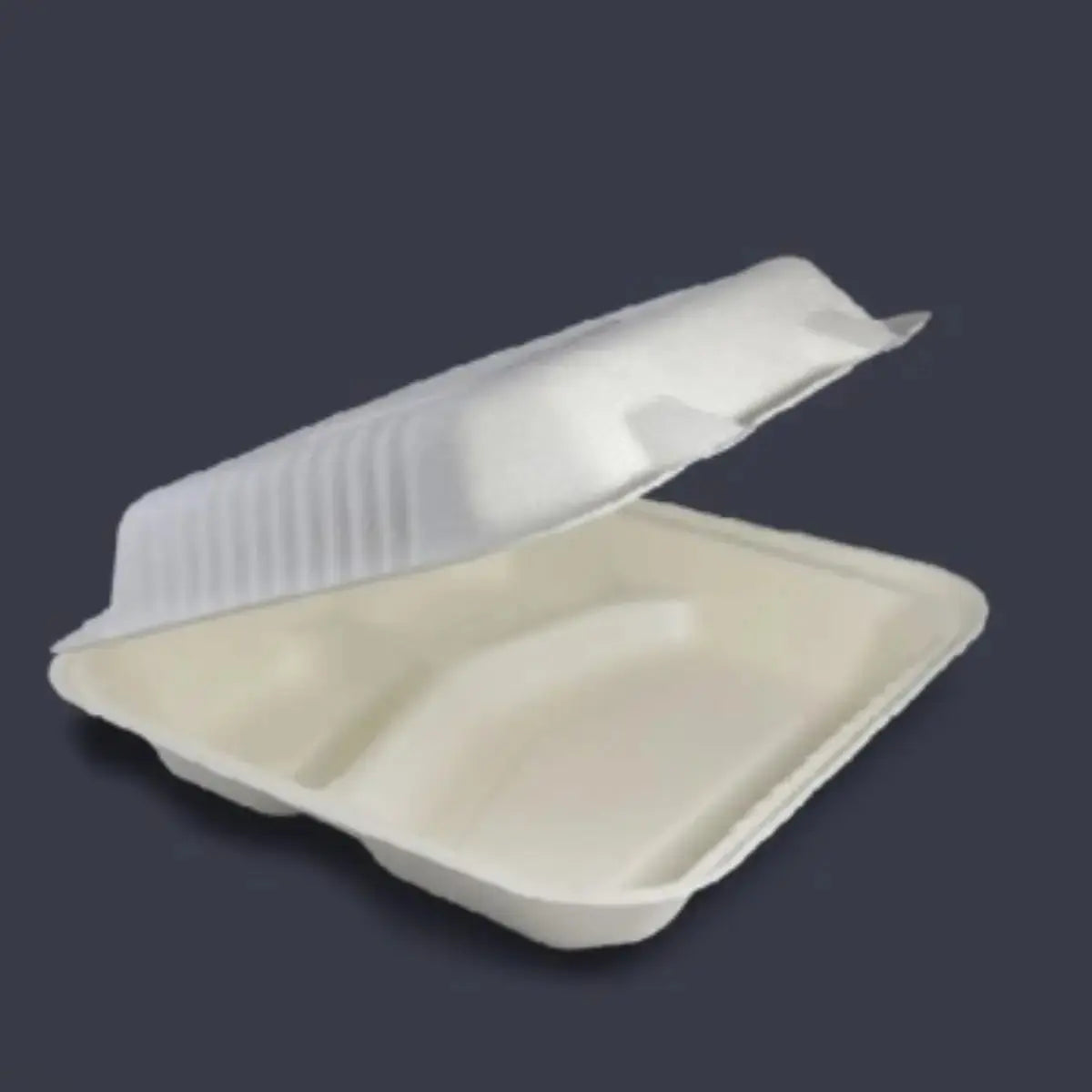 Contenedor Tipo Almeja con Bisagra Biodegradable Compostable para Alimentos o Comida 3 Divisiones Cuadrangular IN