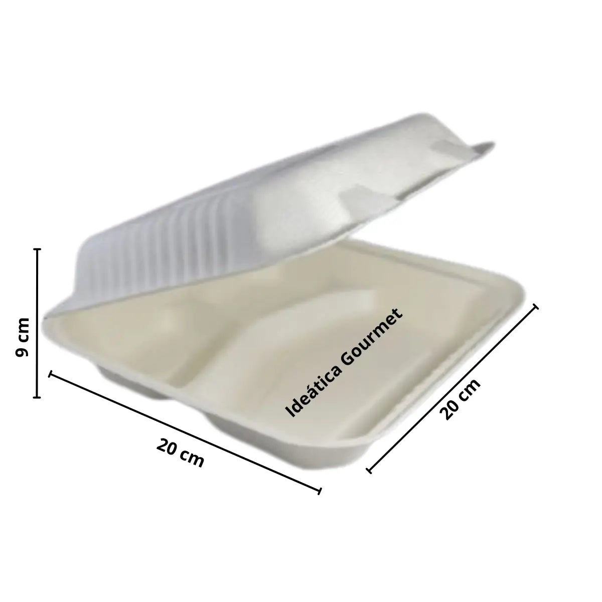 Contenedor Tipo Almeja con Bisagra Biodegradable Compostable para Alimentos o Comida 3 Divisiones Cuadrangular IN