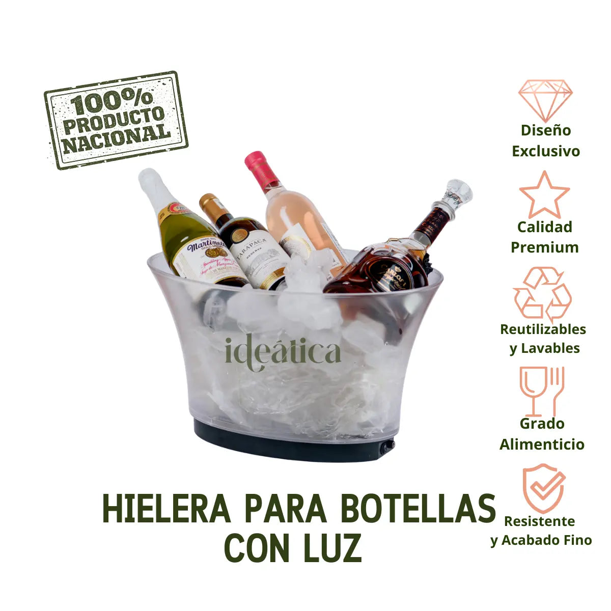 Hielera para Botellas Acrilico Grande con Luz Led Recargable Transparente Clarificada Eventos y Catering IA