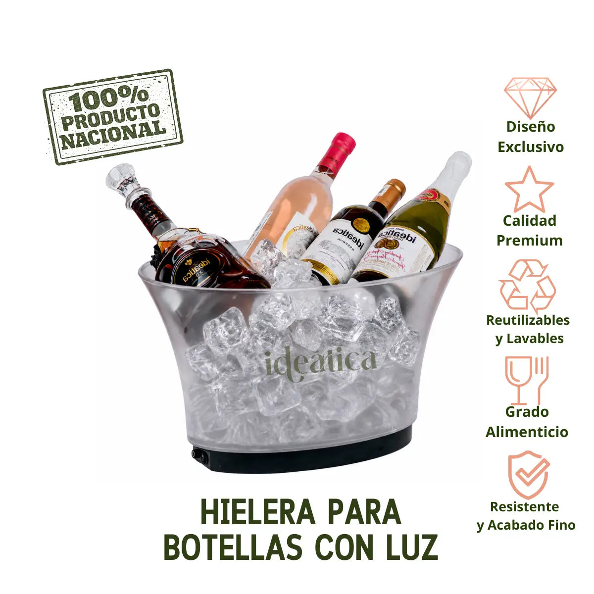 Hielera para Botellas Acrilico Grande con Luz Led Recargable Transparente Clarificada Eventos y Catering IA