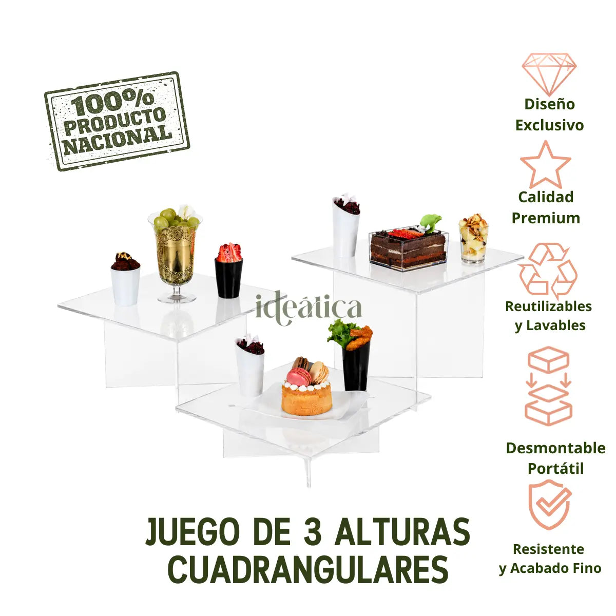 Juego de 3 Alturas Cuadrangulares para Cupcakes Postres y Catering Acrilico