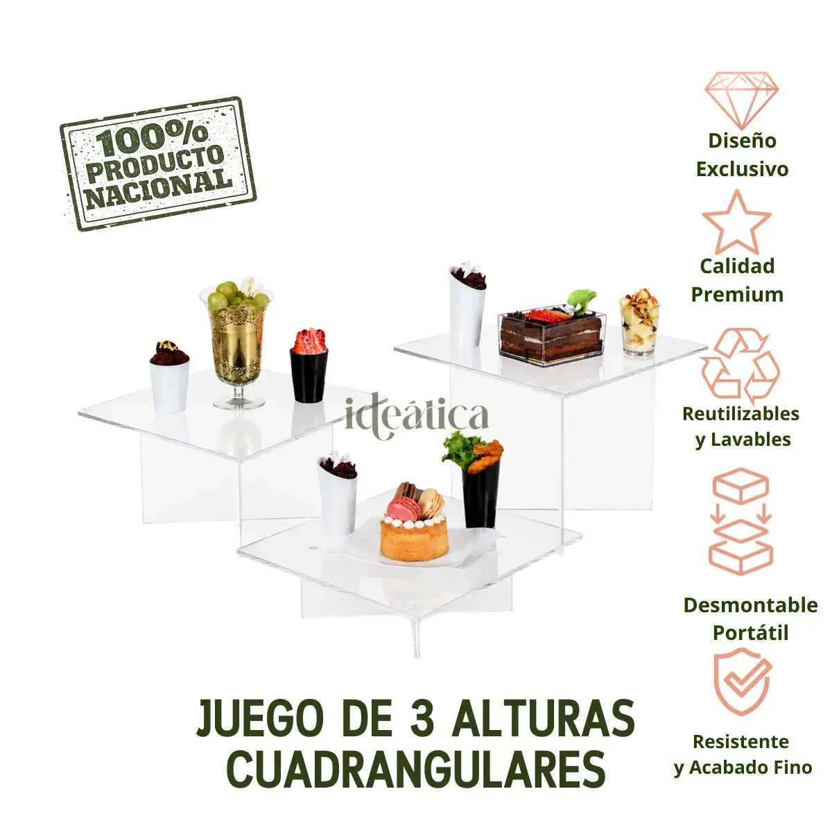 Juego de 3 Alturas Cuadrangulares para Cupcakes Postres y Catering Armable Acrilico IA